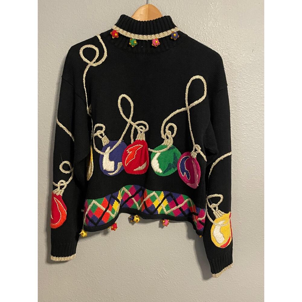 Vintage Lisa Nichols Christmas Sweater Womens Medium Black Beaded Ugly 90s READ
